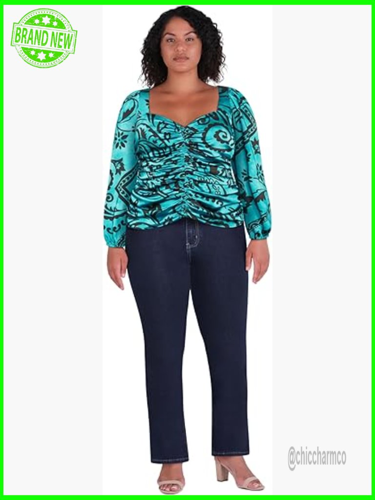 Plus Size Paisley Tunic Top Sweetheart Neck Ruching Long Sleeve